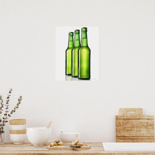 Three green bottles of beer on white background, poster (Küche)