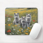 Three grey wolf pups watching for mischief mousepad (Mit Mouse)
