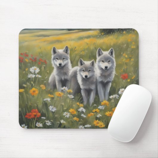 Three grey wolf pups watching for mischief mousepad (Mit Mouse)