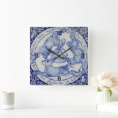 Three Hares Rabbit Blue & White Medallion Bird Quadratische Wanduhr (Zuhause)