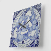 Three Hares Rabbit Blue & White Medallion Bird Quadratische Wanduhr (Winkel)