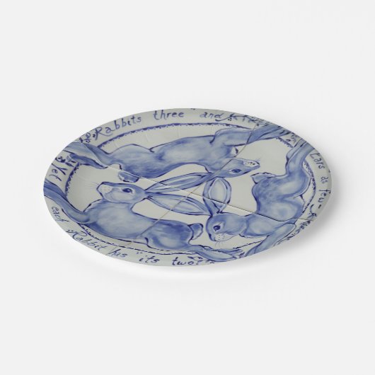 Three Hares Rabbit Blue & White Medallion geplünde Pappteller (Schrägansicht)
