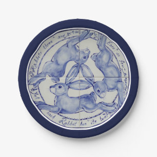Three Hares Rabbits Blue White Tile Medallion Pappteller