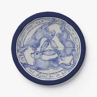 Three Hares Rabbits Blue White Tile Medallion Pappteller