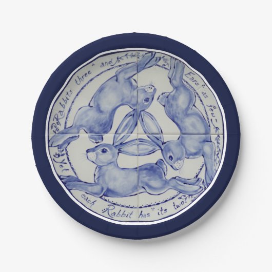 Three Hares Rabbits Blue White Tile Medallion Pappteller (Vorderseite)
