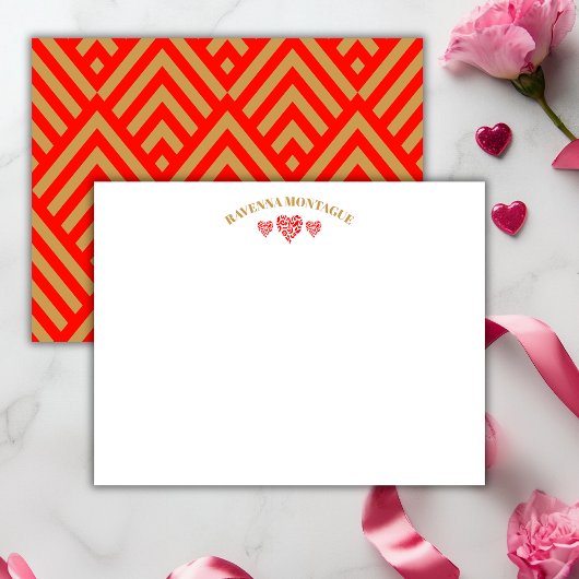 Three Hearts Gold Apple Red Striped Fans Note Card Mitteilungskarte