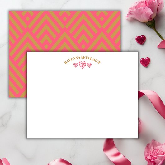 Three Hearts Gold Watermelon Pink Fans Note Card Mitteilungskarte