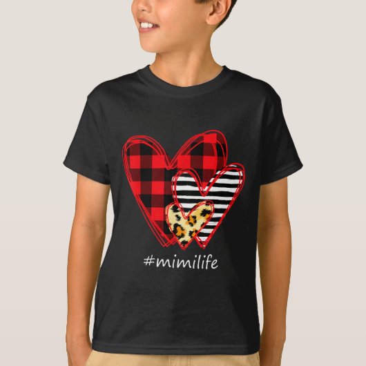 Three Hearts Leopard Buffalo Plaid Mimi Life Valen T-Shirt (Vorderseite)
