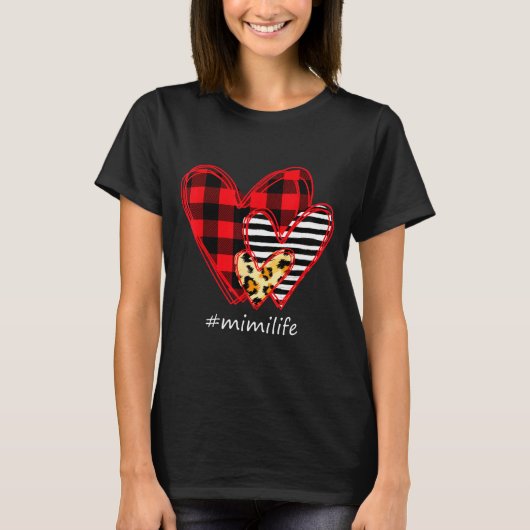 Three Hearts Leopard Buffalo Plaid Mimi Life Valen T-Shirt (Vorderseite)