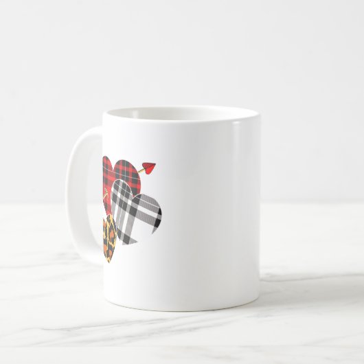 Three Hearts Leopard Buffalo Plaid Valentines Day  Kaffeetasse (Vorderseite Links)