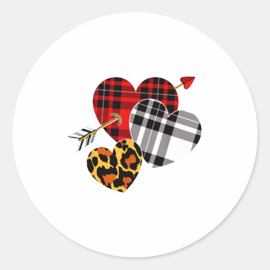 Three Hearts Leopard Buffalo Plaid Valentines Day Runder Aufkleber (Vorderseite)