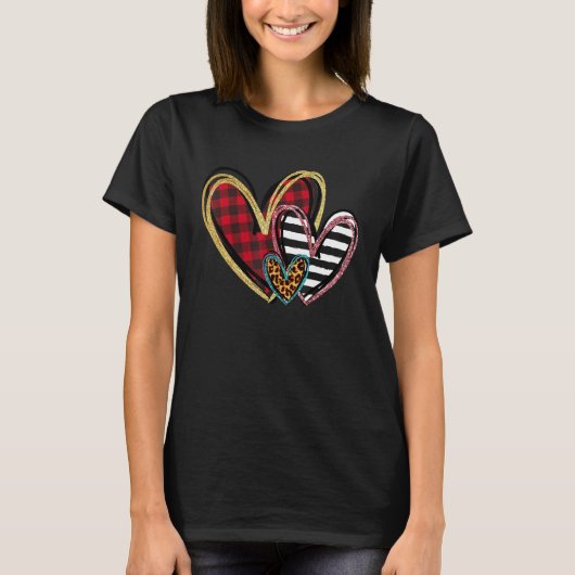 Three Hearts Leopard Buffalo Plaid Valentine's day T-Shirt (Vorderseite)