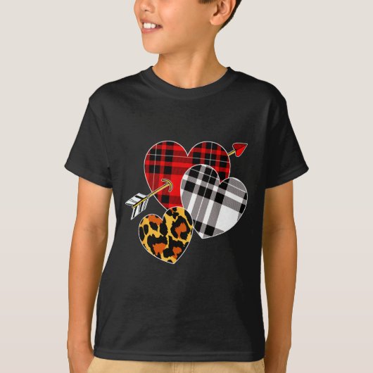 Three Hearts Leopard Buffalo Plaid Valentines Day T-Shirt (Vorderseite)