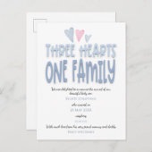 Three Hearts One Family Blue Baby Boy Birth Ankündigungspostkarte (Vorne/Hinten)