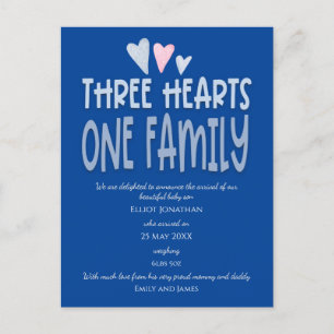 Three Hearts One Family Dark Blue Baby Boy Birth Ankündigungspostkarte