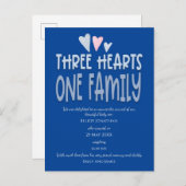 Three Hearts One Family Dark Blue Baby Boy Birth Ankündigungspostkarte (Vorne/Hinten)
