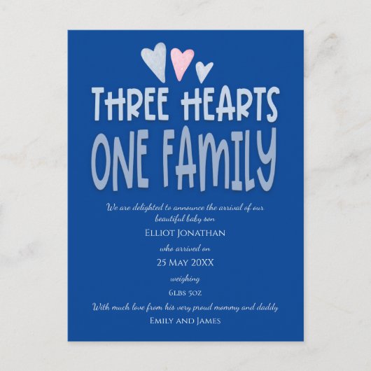 Three Hearts One Family Dark Blue Baby Boy Birth Ankündigungspostkarte (Vorderseite)