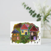 Three House Collage mit Blume Postkarte (Stehend Vorderseite)