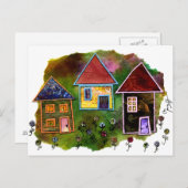 Three House Collage mit Blume Postkarte (Vorne/Hinten)
