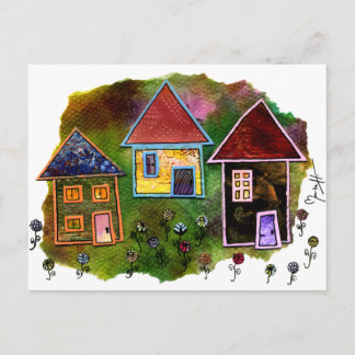 Three House Collage mit Blume Postkarte