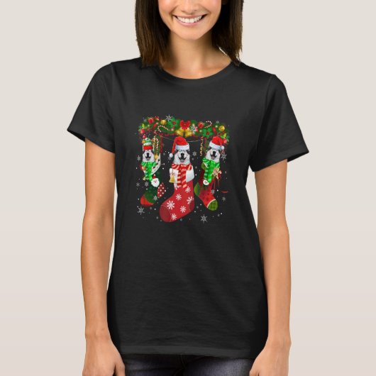 Three Husky In Socks Christmas Santa Hat T-Shirt (Vorderseite)