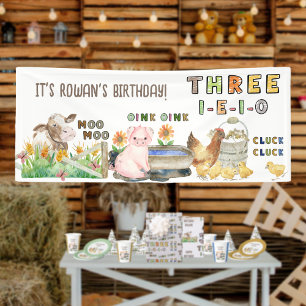 Three-i-e-i-o 3. Geburtstags-Bauernhof-Themenparty Banner