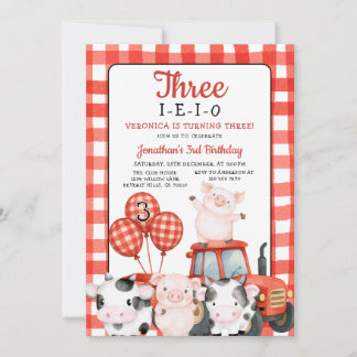 Three-I-E-I-O Birthday Red farm animal Barnyard Einladung