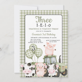 Three-I-E-I-O Birthday Sage Green farm animal Einladung