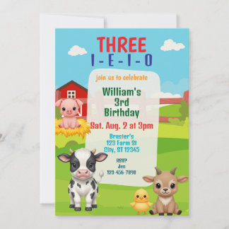 Three I-E-I-O, Cute Farm Animal 3rd Birthday Einladung