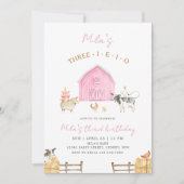 Three-I-E-I-O Pink Barn Farm 3rd Birthday Party Einladung (Vorderseite)