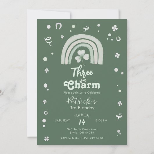 Three Is A Charm Shamrock Any Age Birthday Einladung (Vorderseite)