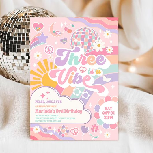 Three Is A Vibe Cloud Regenbogen Sonne 3. Geburtst Einladung