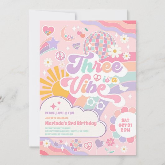 Three Is A Vibe Sun Rainbow Disco 3rd Birthday Einladung (Vorderseite)
