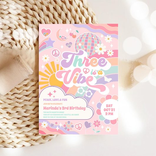 Three Is A Vibe Sun Rainbow Disco 3rd Birthday Einladung