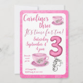 Three It’s Time for Tea 3rd Birthday Invitation Einladung (Vorderseite)