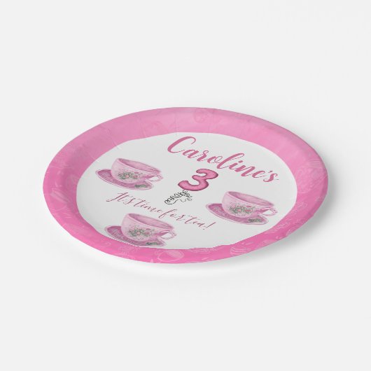 Three It’s Time for Tea 3rd Birthday Invitation Pappteller (Schrägansicht)