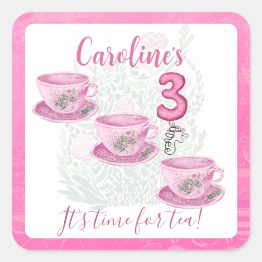 Three It’s Time for Tea 3rd Birthday Invitation Quadratischer Aufkleber (Vorderseite)