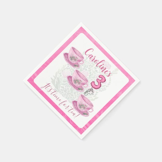 Three It’s Time for Tea 3rd Birthday Invitation Serviette (Ecke)