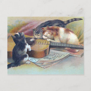 Three Kittens und eine Vintage Gitarre Illustratio Postkarte