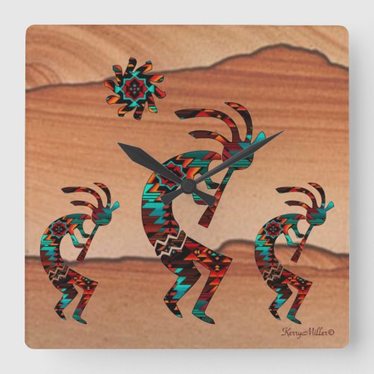 Three Kokopelli Playing Flute Quadratische Wanduhr (Vorderseite)