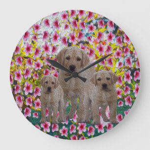 Three Labrador Puppies Oil Painted, Große Wanduhr