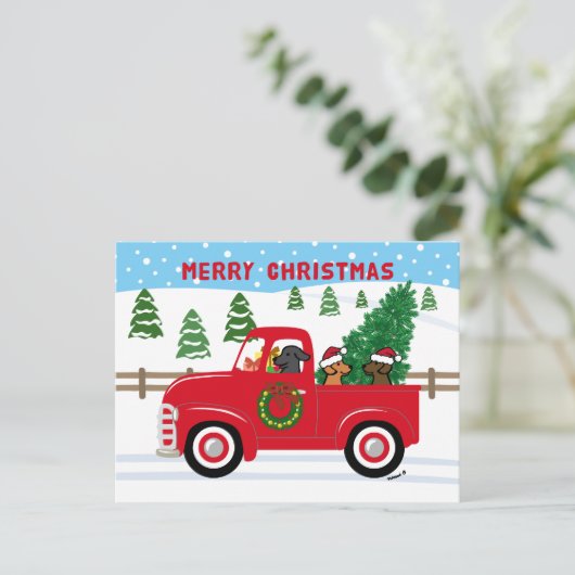 Three Labradors Red Truck Weihnachten (Stehend Vorderseite)