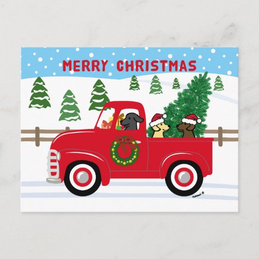 Three Labradors Red Truck Weihnachten (Vorderseite)