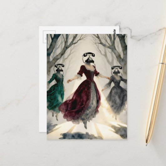 Three levitating women vintage telephone heads postkarte (Vorderseite/Rückseite Beispiel)