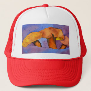 Three mushroom,  toadstool, fungi in orange & blue truckerkappe