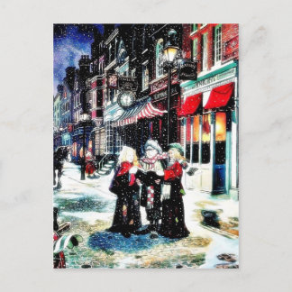 Three persons standing on a street singing christm feiertagspostkarte