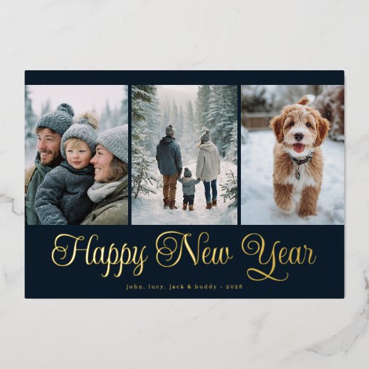 Three Photo New Year Folien Feiertagskarte (Vorderseite)