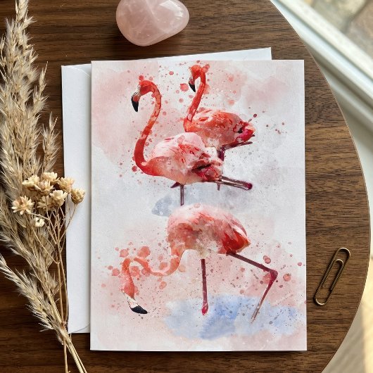 Three Pink Flamingos Watercolor Dankeskarte