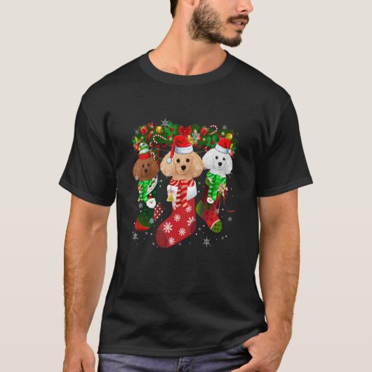 Three Poodle In Socks Christmas Santa Hat T-Shirt (Vorderseite)