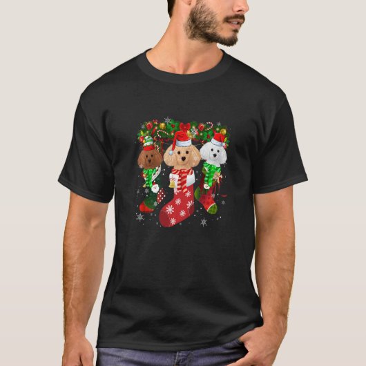 Three Poodle In Socks Christmas Santa Hat T-Shirt (Vorderseite)